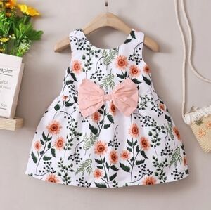 Floral print with large pink bow sleeveless dress
